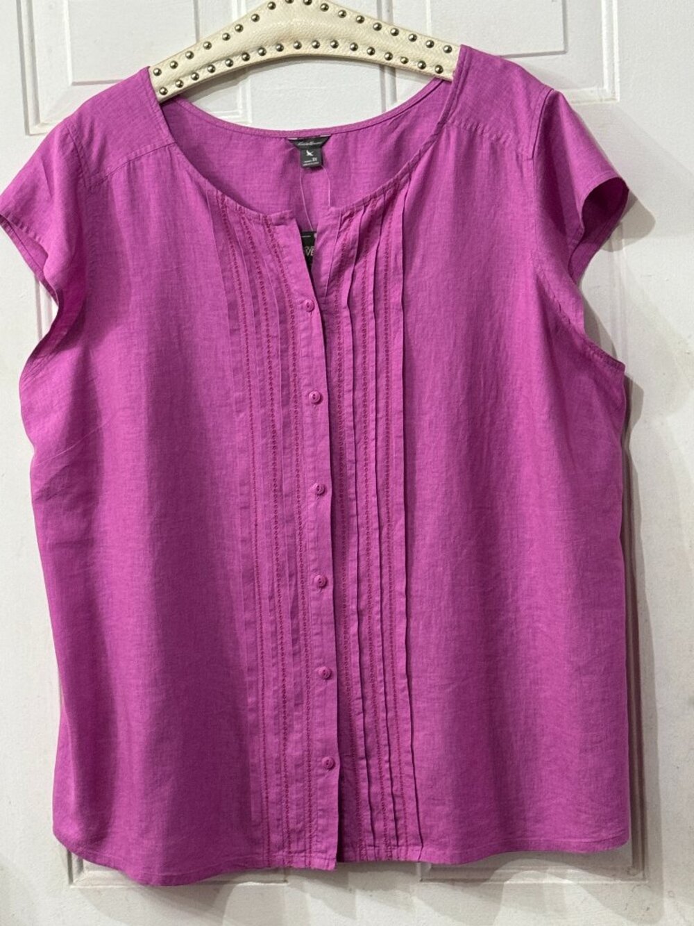NWT Eddie Bauer Sz 3X Blouse Button Up Cap Sleeve Wild Orchid Pintuck Linen